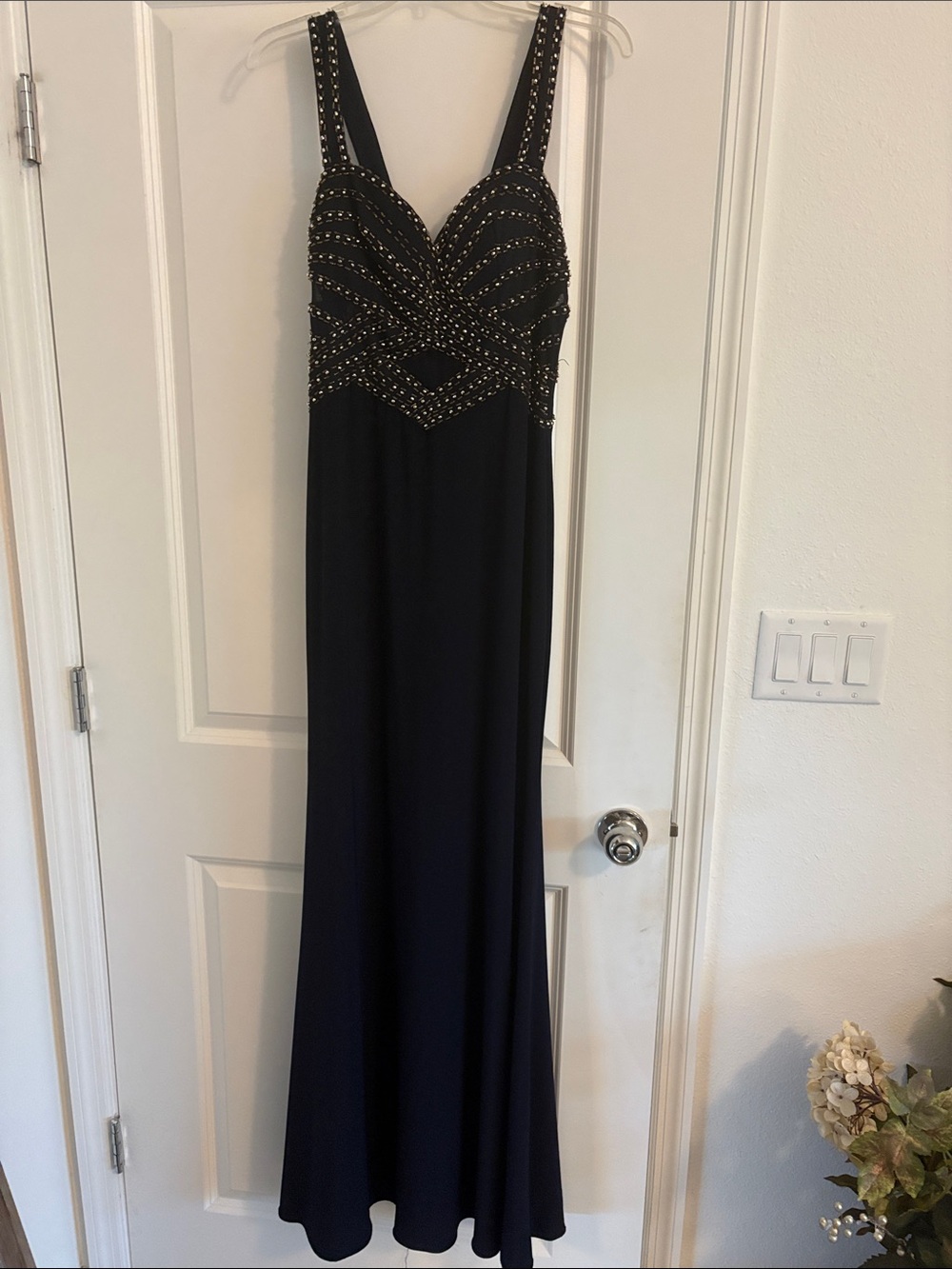 Betsy Adam Elegant Navy Beaded Evening Dress